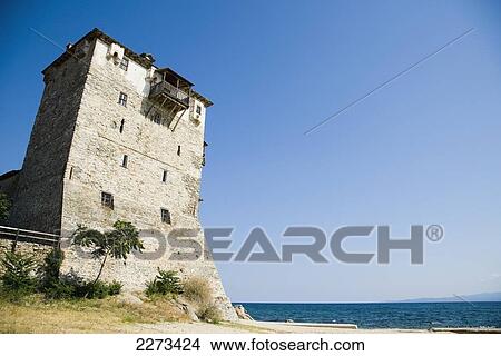 Greece, Halkidiki, The Byzantine Tower or Tower of Prosforios; Ouranoupoli View Large Photo Image Picture - Greece, Halkidiki, The Byzantine Tower or Tower of Prosforios; Ouranoupoli. Fotosearch