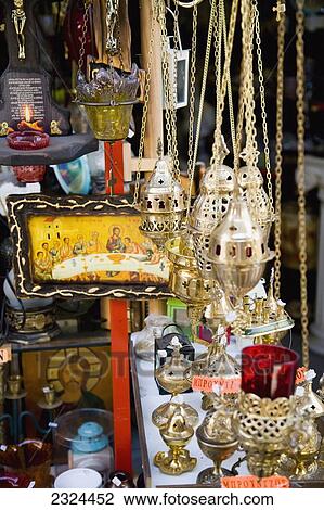 Greece, Icons censers and other religious items for sale at market stall; Thessaloniki View Large Photo Image Stock Image - Greece, Icons censers and other religious items for sale at market stall; Thessaloniki. Fotosearch
