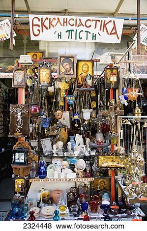 Greece, Icons censers and other religious items for sale at market stall; Thessaloniki View Large Photo Image Stock Photo - Greece, Icons censers and other religious items for sale at market stall; Thessaloniki. Fotosearch