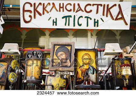 Greece, Icons censers and other religious items for sale at market stall; Thessaloniki View Large Photo Image Stock Photo - Greece, Icons censers and other religious items for sale at market stall; Thessaloniki. Fotosearch