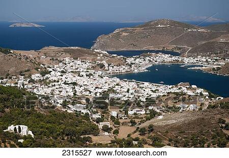 Greece, Patmos Island, Mykonos, View from monastery of commercial port of Skala View Large Photo Image Stock Photo - Greece, Patmos Island, Mykonos, View from monastery of commercial port of Skala. Fotosearch