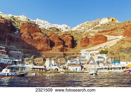 Stock Photo - Greece, Santorini, Beautiful Seaport In The Santorini Caldera. Fotosearch