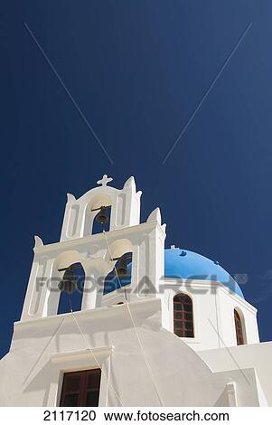 Greece, Santorini, Oia, Architectural detail of Greek Orthodox Chrurch bell tower and blue dome. View Large Photo Image Stock Image - Greece, Santorini, Oia, Architectural detail of Greek Orthodox Chrurch bell tower and blue dome.. Fotosearch