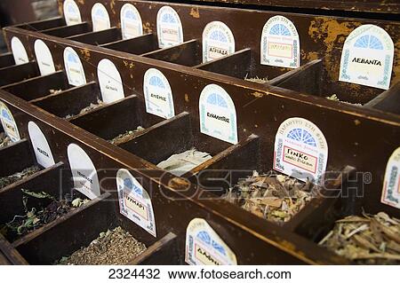 Stock Image - Greece, Spice emporium specializing in traditional Greek herbs and teas; Thessaloniki. Fotosearch