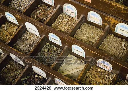 Stock Photo - Greece, Spice emporium specializing in traditional Greek herbs and teas; Thessaloniki. Fotosearch