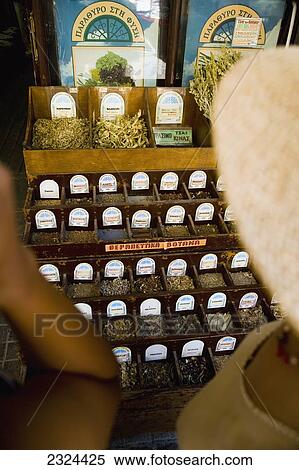Stock Photography - Greece, Spice emporium specializing in traditional Greek herbs and teas; Thessaloniki. Fotosearch