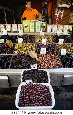 Stock Photo - Greece, Variety of Greek olives for sale at market stall; Thessaloniki. Fotosearch