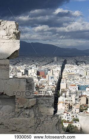 Stock Image - Greece, View of city from Acropolis; Athens. Fotosearch