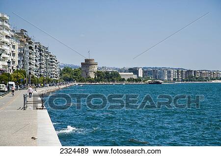Greece, View of waterfront with White Tower in background; Thessaloniki View Large Photo Image Stock Photo - Greece, View of waterfront with White Tower in background; Thessaloniki. Fotosearch