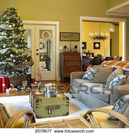 Green Living Room Decorated For Christmas, Comox Bc. View Large Photo Image Stock Photo - Green Living Room Decorated For Christmas, Comox Bc.. Fotosearch