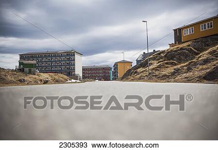 Stock Image - Greenland, Street in town; Paamiut. Fotosearch