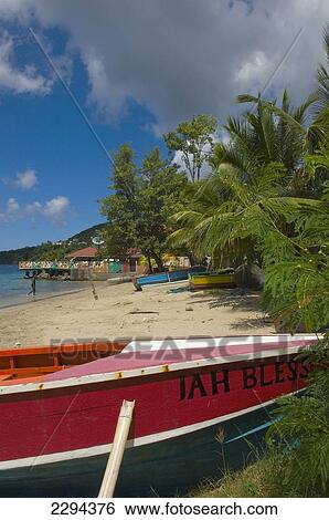 Stock Photograph - Grenada, Grand Mal Bay and Sunset View Restaurant; Caribbean. Fotosearch