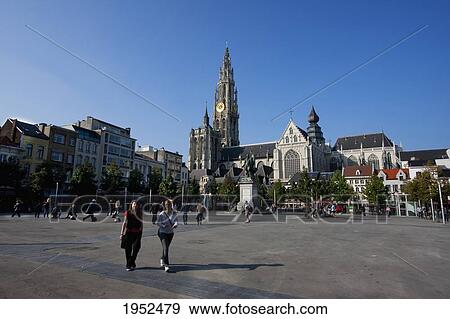 Stock Photo - Groen Plats and Onze Lieve Vrouwekathedraal (Cathedral of our Lady), Antwerp, Belgium. Fotosearch