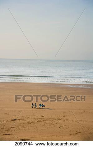 Picture - Group Of Surfers Walking On The Beach With Their Boards Towards The Sea In Putsborough Sands, North Devon, Uk. Fotosearch