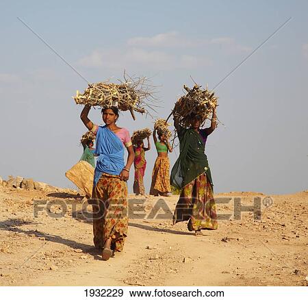 Stock Photo - Group Of Women Carrying Firewood Near Bijaipur Bijaipur, Rajasthan, India. Fotosearch