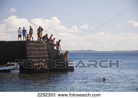 Stock Image - Group of young people on concrete steps, Porto da Barra Beach; Salvador, Bahia State, Brazil. Fotosearch
