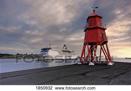 Groyne Lighthouse With Large Boat Going By In Background View Large Photo Image Stock Image - Groyne Lighthouse With Large Boat Going By In Background. Fotosearch