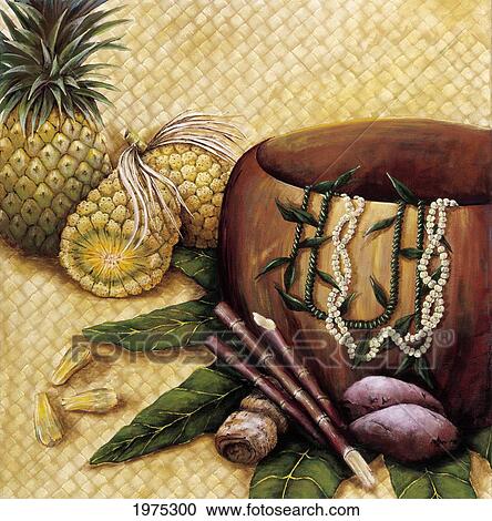 Stock Image - Hala Kahiki, Still Life Of Koa Bowl And Fresh Food On Lauhala Mat (Acrylic Painting).. Fotosearch