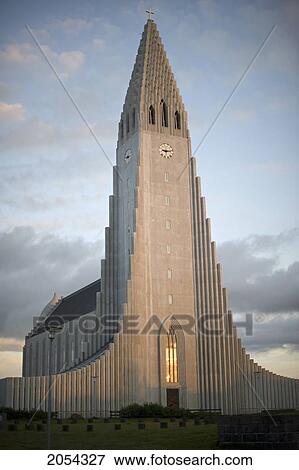 Stock Photo - Hallgrimskirkja Church At Sunset; Reykjavik, Iceland. Fotosearch