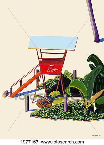 Stock Photo - Hanauma Bay, Lifeguard Tower On Beach (Acrylic Painting).. Fotosearch