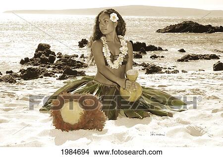 Hand colored, Beautiful hawaiian girl sitting on beach with hula implements View Large Photo Image Picture - Hand colored, Beautiful hawaiian girl sitting on beach with hula implements. Fotosearch