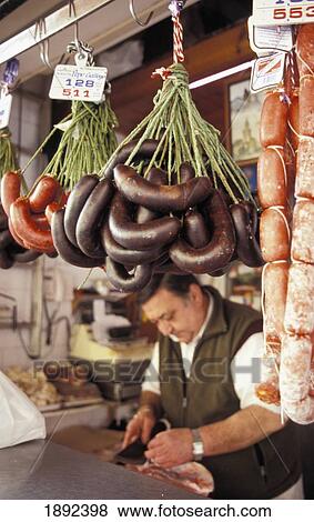 Stock Photo - Handmade Sausages At Market Stall. Fotosearch