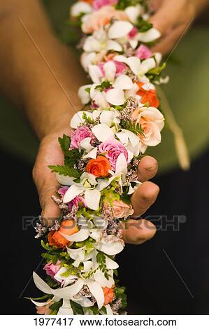 Stock Photo - Hands Holding Detail Flower Lei.. Fotosearch