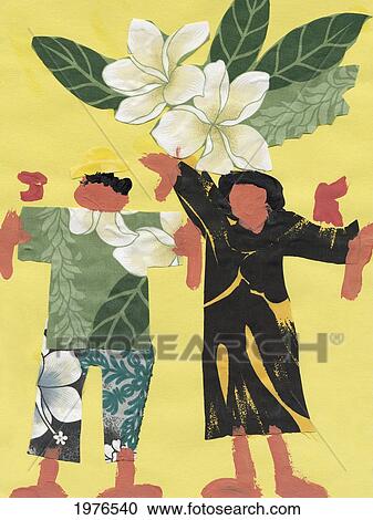 Stock Image - Happy People, Hawaiian People On Yellow Background (Collage Of Fabric And Oil Paint).. Fotosearch