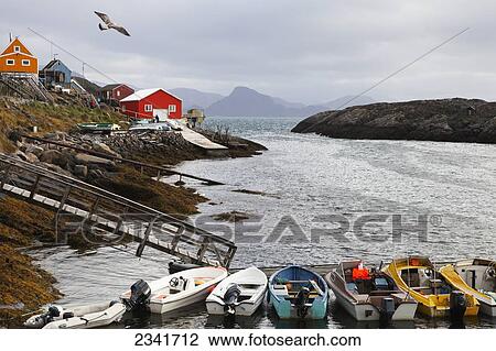 Stock Image - Harbour And Village Houses; Kangaamiut, Greenland. Fotosearch