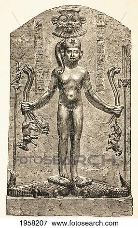 Stock Photo - Harpokrates Standing On Crocodiles. Harpokrates Was The Ancient Egyptian's Young Horus. From El Mundo Ilustrado, Published Barcelona, 1880.. Fotosearch