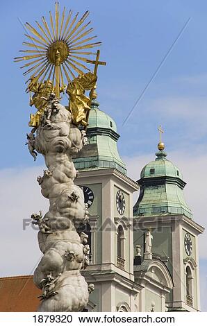 Stock Image - Hauptplatz Statue And Old Cathedral. Fotosearch