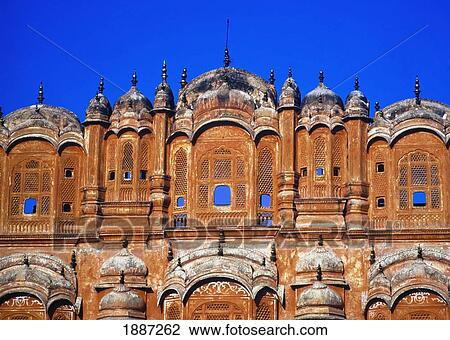 Stock Image - Hawa Mahal, Palace Of Winds Facade Against Clear Sky, Close-Up. Fotosearch