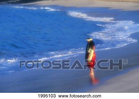 Hawaii, Beautiful Hawaiian Woman Walks Along Shore Of Beach With Flower Lei View Large Photo Image Stock Image - Hawaii, Beautiful Hawaiian Woman Walks Along Shore Of Beach With Flower Lei. Fotosearch
