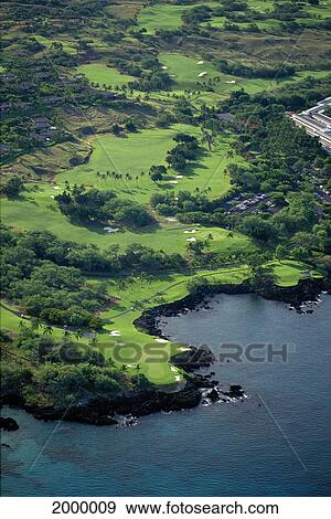 Stock Photo - Hawaii, Big Island, Aerial Golf Course Mauna Kea Beach Resort D1287. Fotosearch