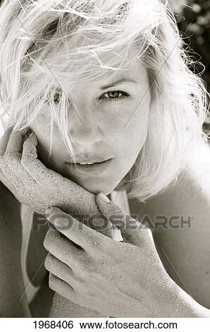 Stock Photograph - Hawaii, Big Island, Attractive Woman On The Beach, Black And White.. Fotosearch