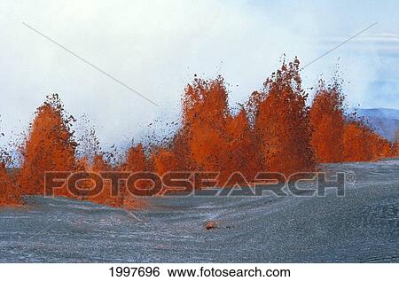 Stock Photograph - Hawaii, Big Island, Eruption Of Mauna Loa Volcano, Lava Curtain A27H. Fotosearch