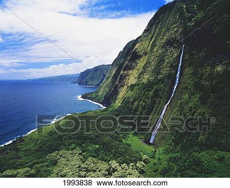 Hawaii, Big Island, Hamakua Coast, Waterfalls Cascade Into The Ocean View Large Photo Image Stock Photo - Hawaii, Big Island, Hamakua Coast, Waterfalls Cascade Into The Ocean. Fotosearch