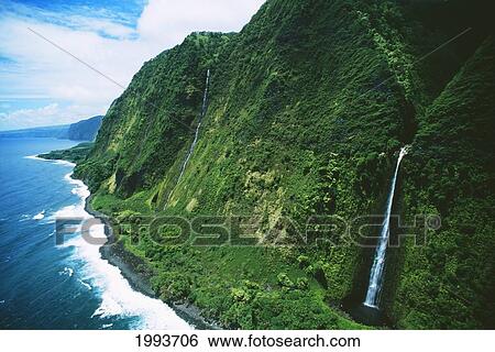 Hawaii, Big Island, Hamakua Coast, Waterfalls Cascade Into The Ocean View Large Photo Image Stock Photograph - Hawaii, Big Island, Hamakua Coast, Waterfalls Cascade Into The Ocean. Fotosearch