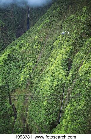 Stock Image - Hawaii, Big Island, Hamakua, Distant View Of Many Waterfalls Along Cliff, Helicopter In Flight. Fotosearch