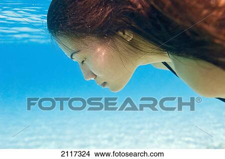 Hawaii, Big Island, Hapuna Bay, Young brunette woman swimming underwater. View Large Photo Image Picture - Hawaii, Big Island, Hapuna Bay, Young brunette woman swimming underwater.. Fotosearch
