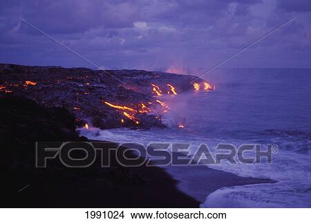 Hawaii, Big Island, Hawaii Volcanoes National Park, Lava Action Meeting Sea View Large Photo Image Picture - Hawaii, Big Island, Hawaii Volcanoes National Park, Lava Action Meeting Sea. Fotosearch