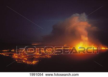 Picture - Hawaii, Big Island, Hawaii Volcanoes National Park, Kilauea Volcano Eruption, Smoke, Lava Flow At Night. Fotosearch