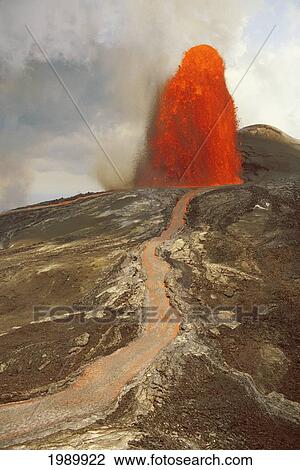 Stock Image - Hawaii, Big Island, Hawaii Volcanoes National Park, River Of Lava From Pu'u O'o Fountain Head. Fotosearch