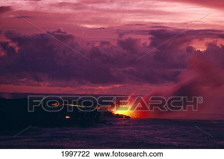 Hawaii, Big Island, Hawaii Volcanoes National Park, Lava Entering Ocean, Distance A28J View Large Photo Image Stock Image - Hawaii, Big Island, Hawaii Volcanoes National Park, Lava Entering Ocean, Distance A28J. Fotosearch