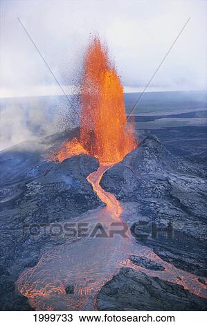 Stock Image - Hawaii, Big Island, Hawaii Volcanoes National Park, Kilauea Volcano, Puu Oo Crater Fountaining. Fotosearch
