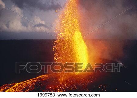 Stock Image - Hawaii, Big Island, Hawaii Volcanoes National Park, Kilauea Volcano Erupting Close-Up Of Fountaining C1631. Fotosearch