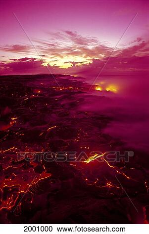 Stock Image - Hawaii, Big Island, Hawaii Volcanoes National Park, Near Kamoamoa, Kilauea Volcano Lava Flow At Dawn Glowing Pink Sky Smoky. Fotosearch