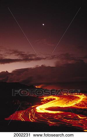 Stock Image - Hawaii, Big Island, Hawaii Volcanoes National Park, Moon Over Lava Flow At Dawn. Fotosearch