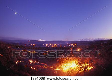 Stock Photo - Hawaii, Big Island, Hawaii Volcanoes National Park, Full Moon Over Lava Flow At Dusk. Fotosearch