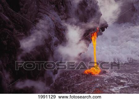 Stock Photo - Hawaii, Big Island, Hawaii Volcanoes National Park, Close-Up Of Lava Flow Into Sea. Fotosearch